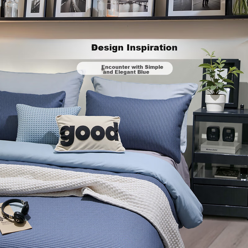 FUANNA × JINGDONG Customized Bedding Set, Pure Cotton Four-Piece Set Including Bed Sheet And Duvet Cover, Simple Design for Single Or Double Bed, 203×229cm, Twilight Blue