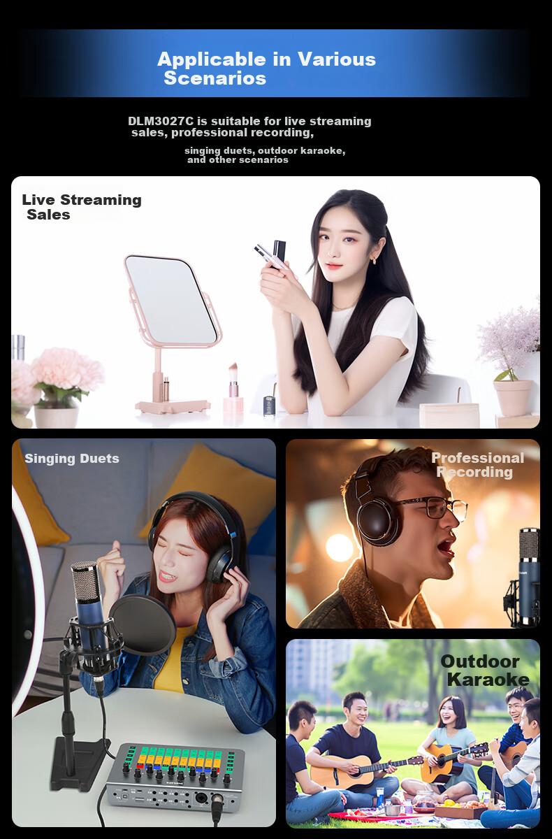 Feilipu 48V Mobile Phone And Computer OTG Live Streaming Bluetooth Accompaniment Long Battery Life Sound Card Professional Recording Live Streaming Equipment DLM3027 Sound Card + DLM9316 Large Diaphragm 48V Microphone Set 5