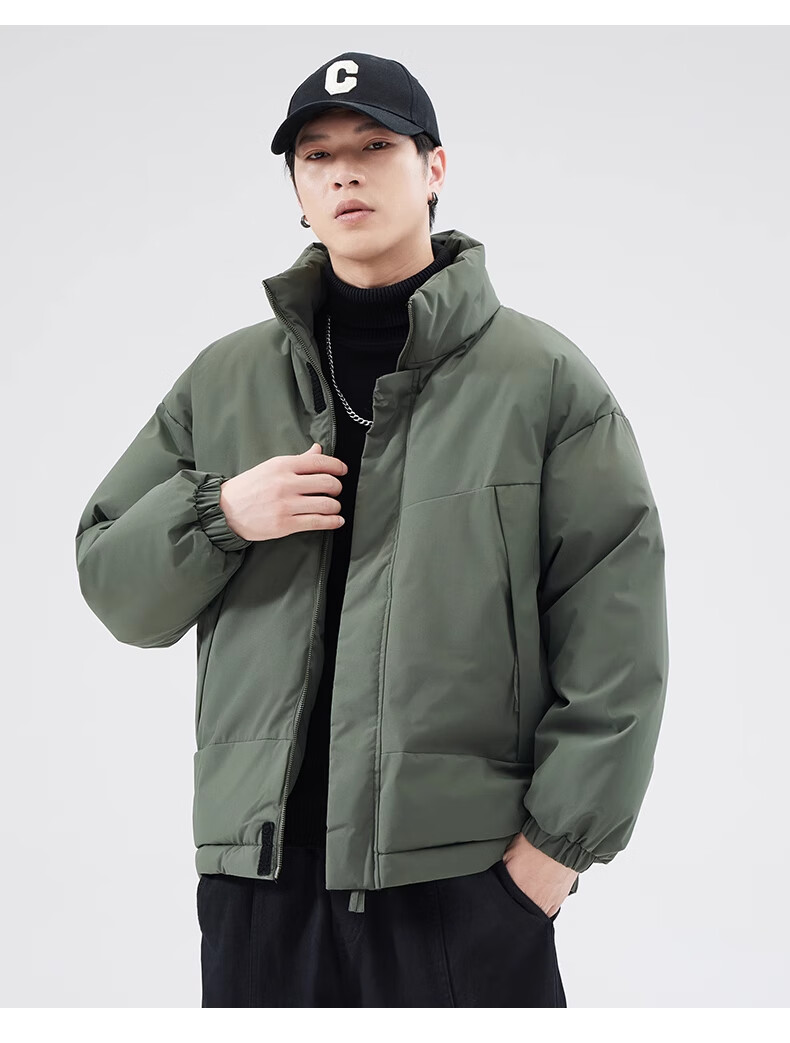 Cotton Casual Men's Winter Solid Color Stand Collar Cotton Jacket Warm Cotton Padded Coat Black 2XL 14