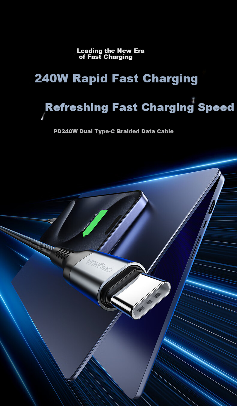 CangHua Dual-Head Type-C Data Cable, PD240W Fast Charging Ctoc, Compatible with Apple 18/17/16/15 Charging Cables, Huawei Honor Xiaomi Tablets, IPad/Mac Laptops, 1 Meter 1