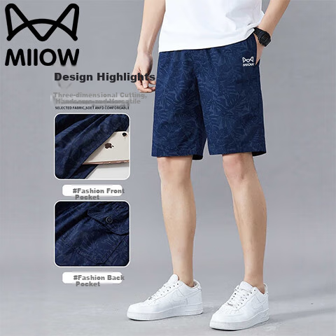 MiiOW Men's Shorts, Summer Pure Cotton American Trendy Straight-Leg Casual Loose Five-Point Pants, Blue, 2XL