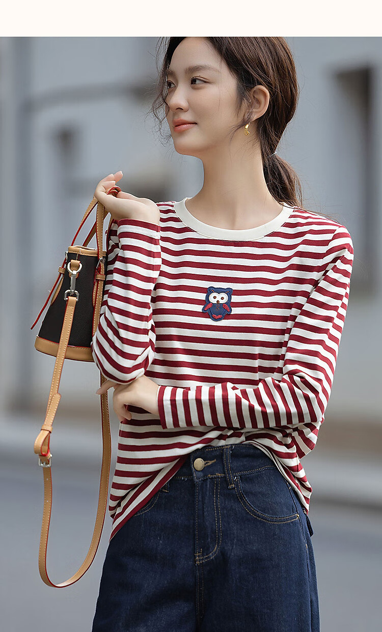 Demna【Striped Liberal】Spring and Autumn Loose Contrast Color Long Sleeve T-shirt Women Cute Patch Embroidery Concealed Flesh Women's T-shirt 6
