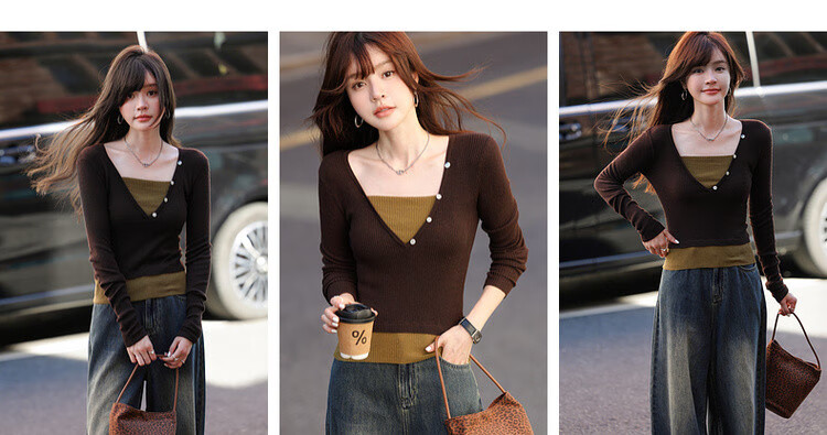 MT Butter Canelé Autumn Vintage Two-Tone Layered Wool Blend Short Knit Sweater for Women 4