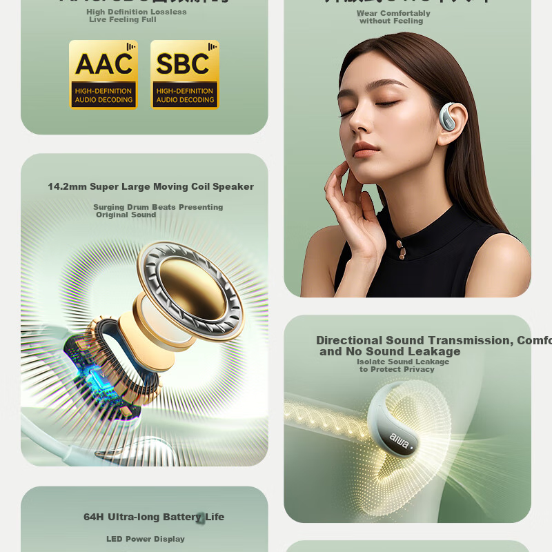Aiwa Aw35 [Luxury New Experience], Bluetooth Headphones, Non-In Open-Ear Bone Conduction Concept, Wireless Ear-Hook Style for Sports, Compatible with Huawei, Xiaomi, Apple, Gree 6