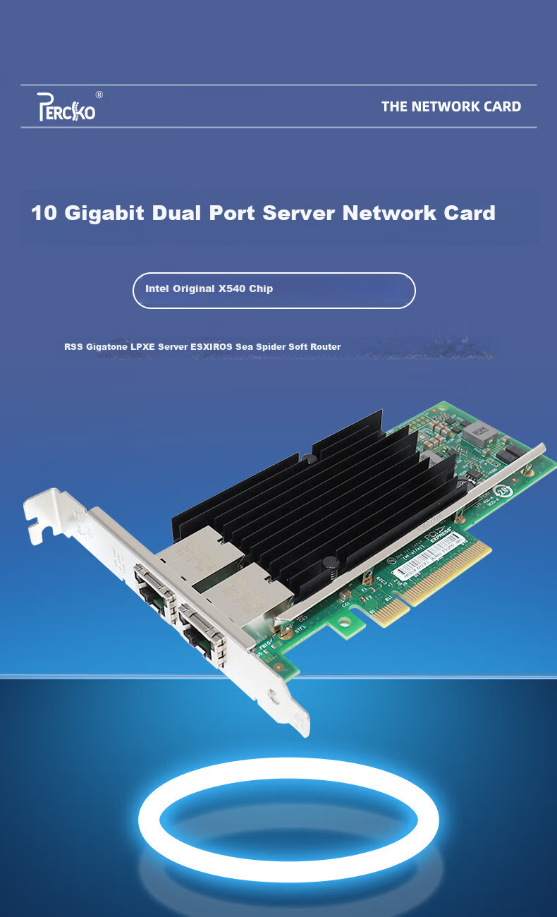 PERCKO Intel X540 Chip PCI-E X8 Dual-Port Server Network Card, X540T2BLK Network Adapter, 10G Electrical Port Link Aggregation, Virtual Compatible with X520Da1 1