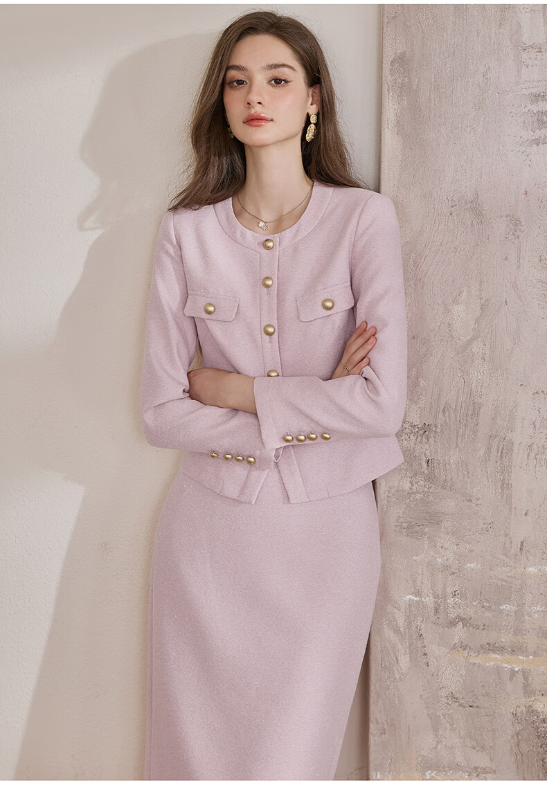 ROEYSHOUSE Premium Little Chanel Style Slim Fit Short Jacket + Skirt Two-Piece Set 09299 Pink M 13