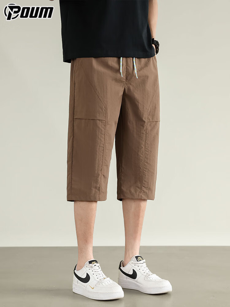 POUM Ice Silk Trendy Brand Three-Quarter Length Pants for Men, Summer Style, Casual American-Style Sports Quick-Dry Shorts, 0003 Coffee Color, 2XL 3
