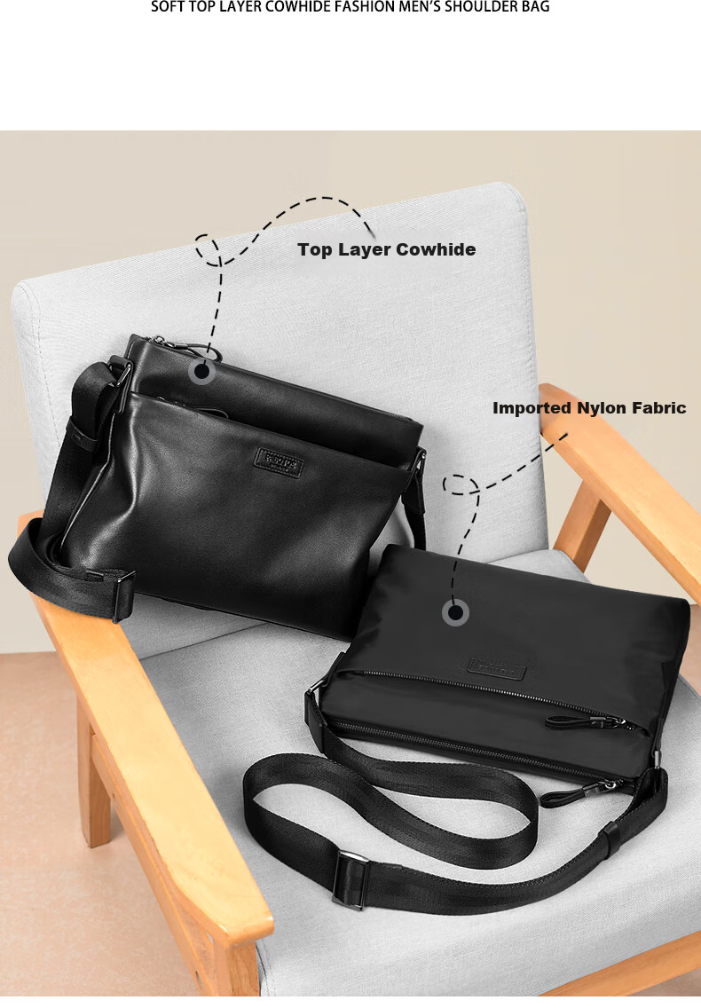 Pabojoe Leather Crossbody Bag for Men, Top-Grain Cowhide Horizontal Style Men's Shoulder Bag, Large Capacity Messenger Bag, Commuter Square Bag, Valentine's Day Gift 2