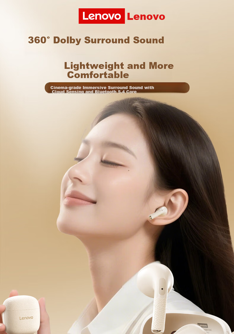 Lenovo Bluetooth Earphones, Semi-In Style, 2026 Popular Model, Bluetooth 5.4, Low Latency, High Sound Quality, Long Battery Life, HD Audio, Wireless Headphones, EA166, Moon Rock White 1