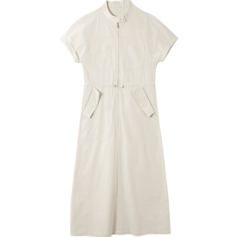 Demana [Healing Pure Cotton] Summer Workwear Style Stand Collar Sleeve Fold Adjustable Waist Petite Women's Dress