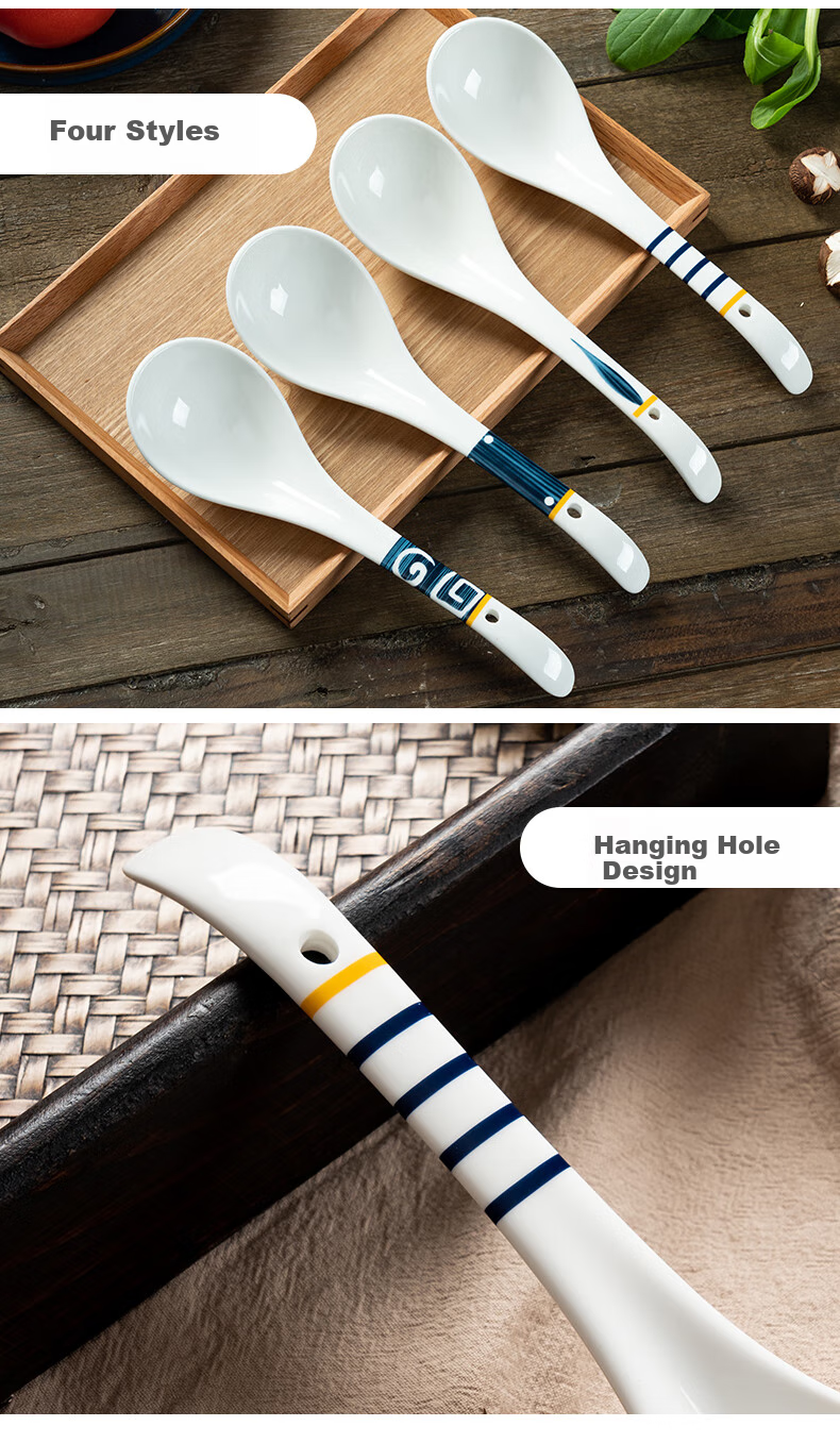 Onlycook Ceramic Soup Ladle And Rice Spoon, Large Dining Spoon Ceramic Tableware, Soup Spatula with Hole for Hanging, White Fruit Green Large Size 9