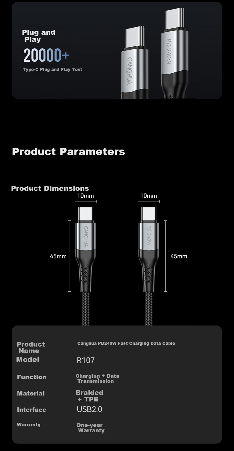 CangHua Dual-Head Type-C Data Cable, PD240W Fast Charging Ctoc, Compatible with Apple 18/17/16/15 Charging Cables, Huawei Honor Xiaomi Tablets, IPad/Mac Laptops, 1 Meter 10