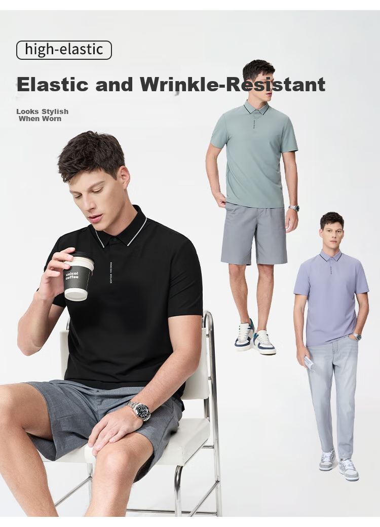 DANCING WOLVES [Elastic Breathable] Summer Elegant Casual Business Men's Short-Sleeve POLO Shirt, 001 Black, Size M (170cm) 6