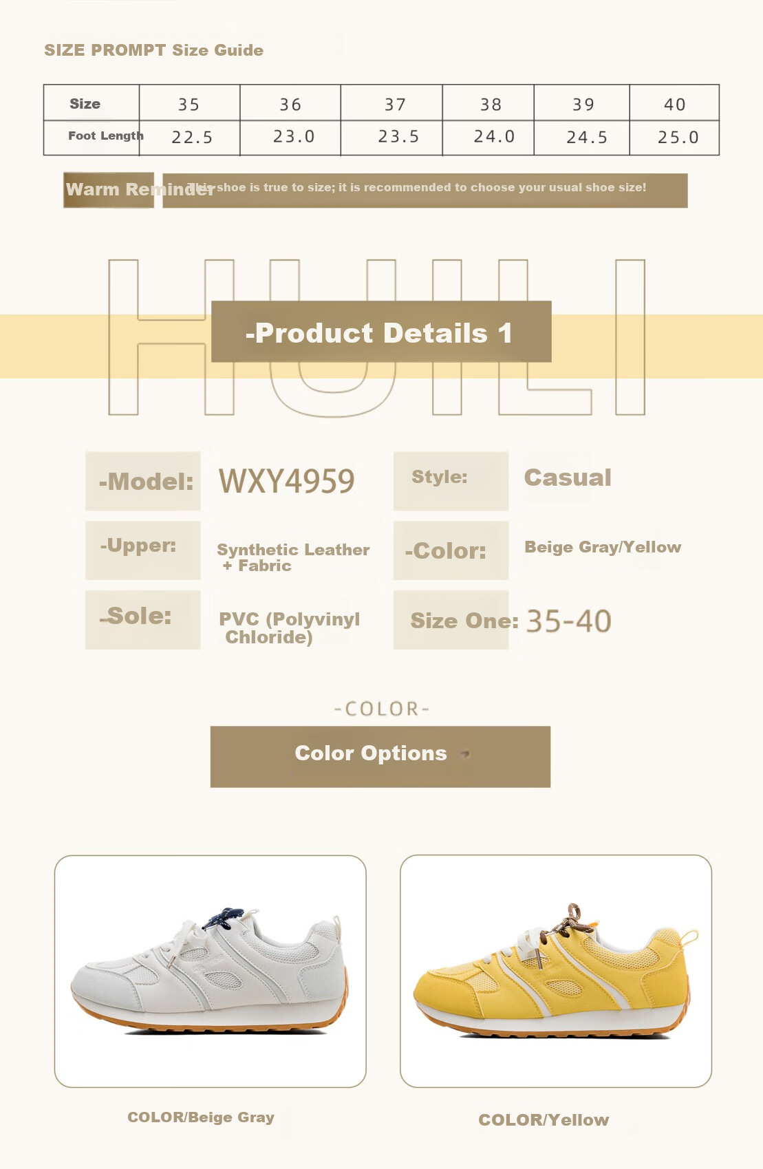 Huili Official Women's Shoes, Casual Training Shoes, Trendy Versatile Wear-Resistant Footwear for Women WXY4959L Yellow 39 1