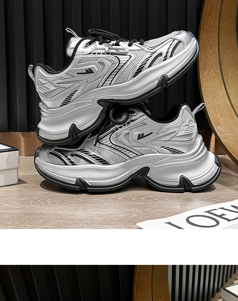 Warrior Women's 2026 Spring Mesh Thick-Soled Dad Sneakers Fashion Casual Shoes Black Silver Size 35 15