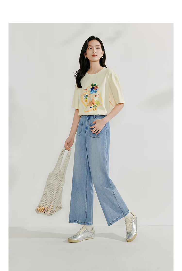 INMAN Casual Printed Pure Cotton T-Shirt, Women's Versatile Loose Short-Sleeve Top for Summer 2026, Light Apricot Color, Size M 2