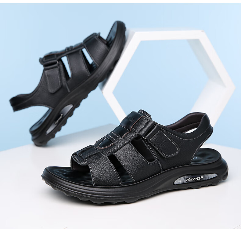 Aokang First Layer Cowhide Men's Sandals Beach Shoes Cowhide Trendy Middle-aged and Elderly Dad Leather Sandals Black 41 15