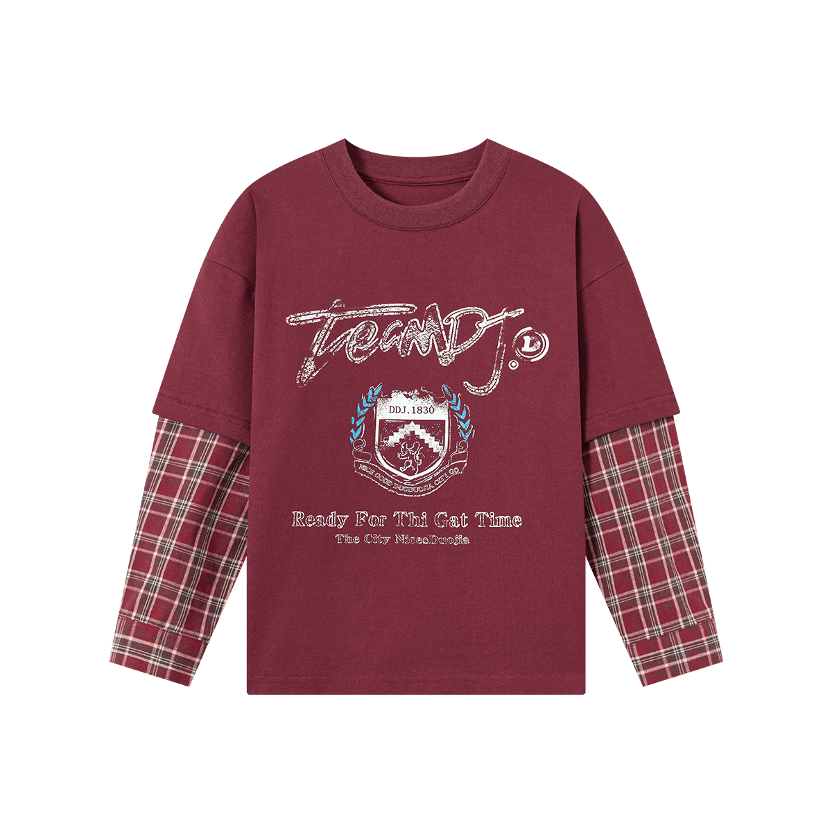 Duoduojia Boys' Sweatshirt, Spring And Autumn Style, Patchwork Long Sleeves, Plaid Vintage Print, Children's Faux Two-Piece, Korean-Style Academic Style Top