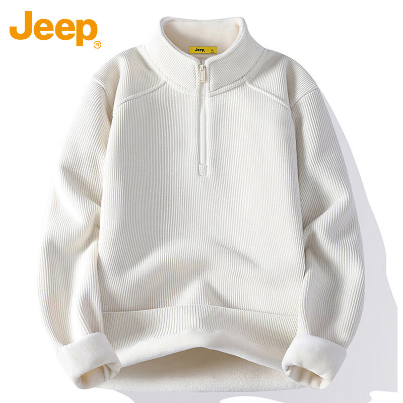 JEEP Men's Autumn Winter Fleece Lined Thick Warm Zipper Casual Loose Sweatshirt Off-White Fleece Lined M