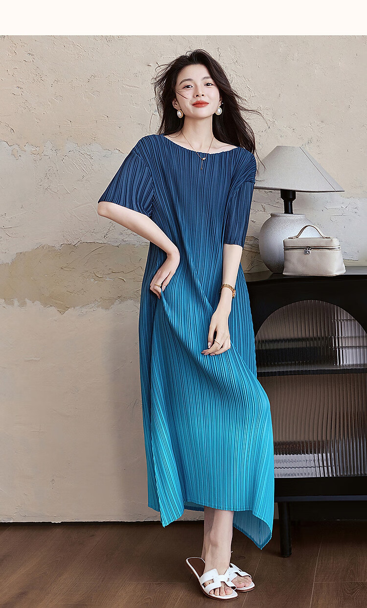 Demana "Flowing Years" Summer Elegant Textured Gradient Print Crinkled Straight-Cut Petite Chic Women's Dress 15