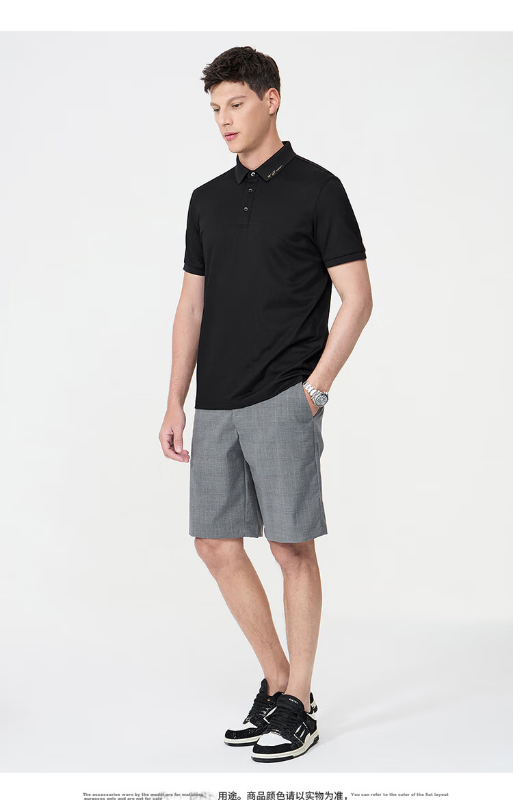 DANCING WOLVES [Instant Cooling Sensation & 7A Antibacterial] Skin-Friendly Mulberry Silk Short-Sleeve POLO Shirt for Men, 001 Black, M(170) 4