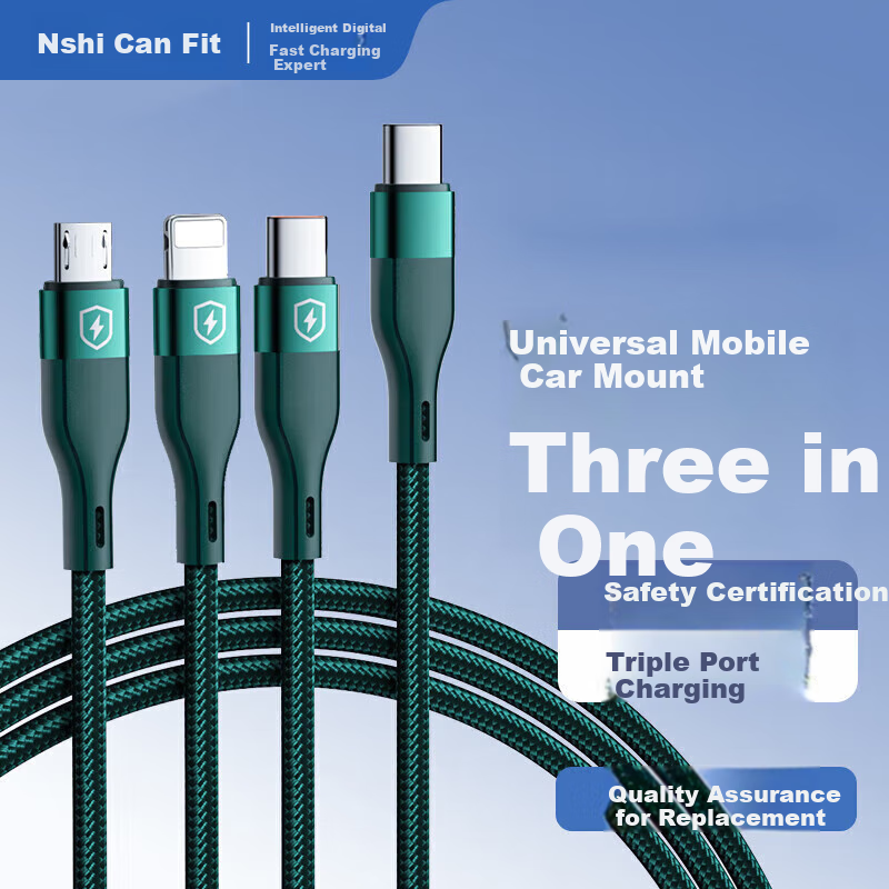 Nengshi Data Cable Three-In Charging Cord Type-C One-To Compatible with Apple Huawei OPPO Xiaomi Vivo Android Phones Fast Charging Cable 1.5 Meters Gree