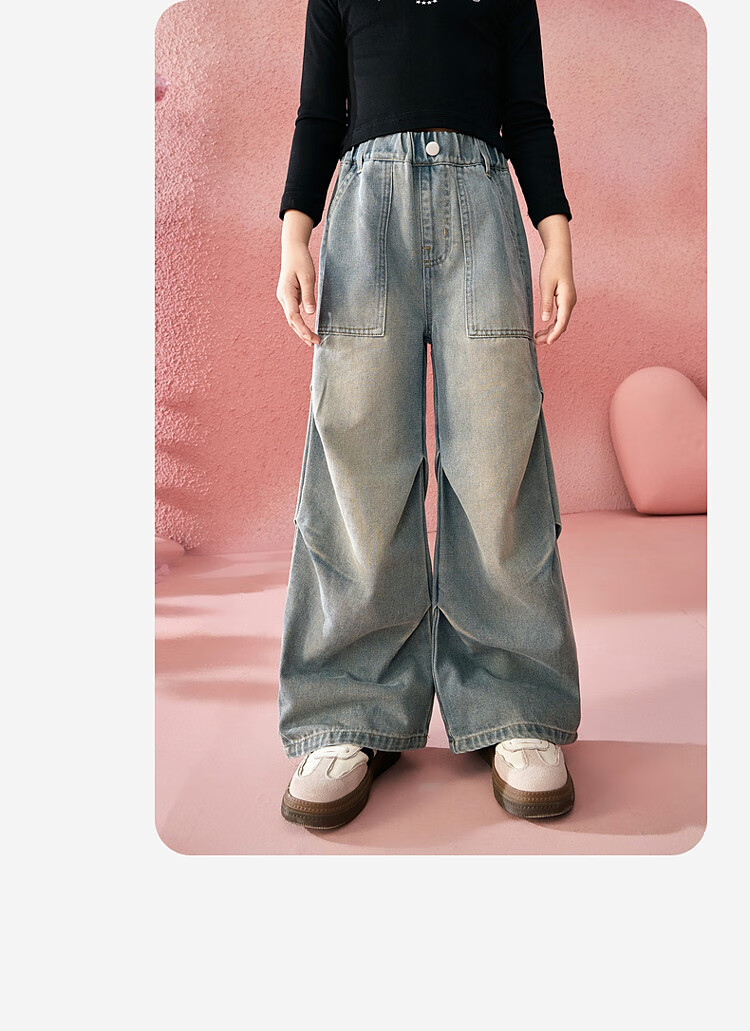 ASK JUNIOR [Brush-Dyed Jeans] Children's Pants, Fall 2026 Vintage Straight-Leg Trousers, Girls' Draping Long Pants, Youth Style 3