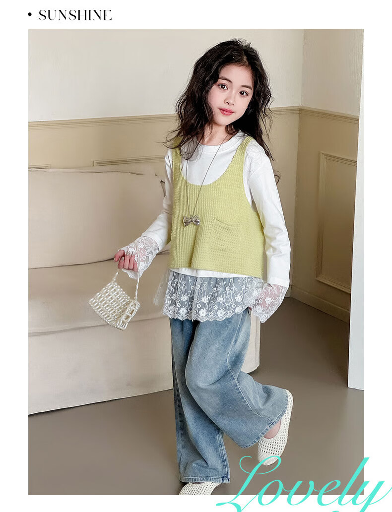 Fulomi Girls' Spring Autumn Korean Style Sweet Lace T-Shirt Knit Vest Denim Pants Three-Piece Set Yellow 150 3