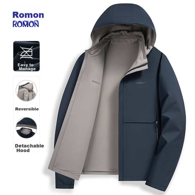 ROMON Double-Sided Lapel Jacket for Men with Detachable Hood, Easy-Care Business Coat for Young And Middle-Aged Men in Spring