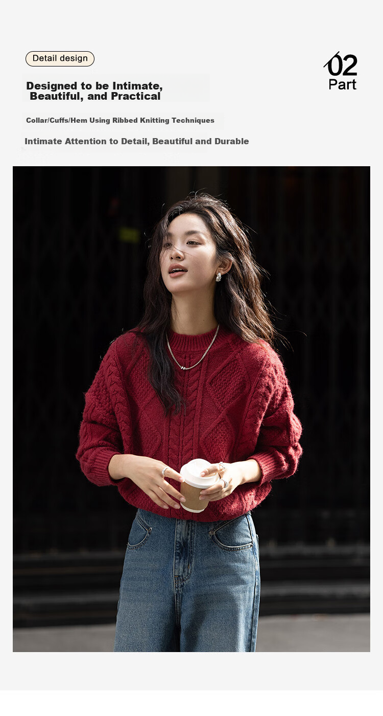 Dme [Romantic Red Knit Sweater], Spring And Autumn Round Neck Pullover Cable Knit Long-Sleeve Warm Sweater for Wome 7