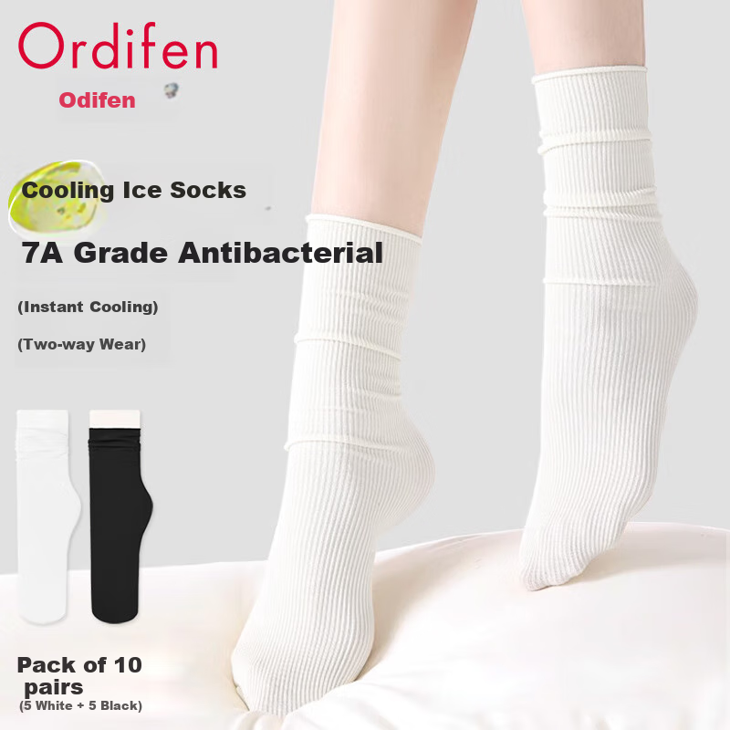 Ordifen 10 Pairs of Ice Silk Socks for Women, Cool And Breathable Mid-Calf Socks, Slouchy Socks, Antibacterial And Odor-Resistant Ice Silk Socks, White + Black
