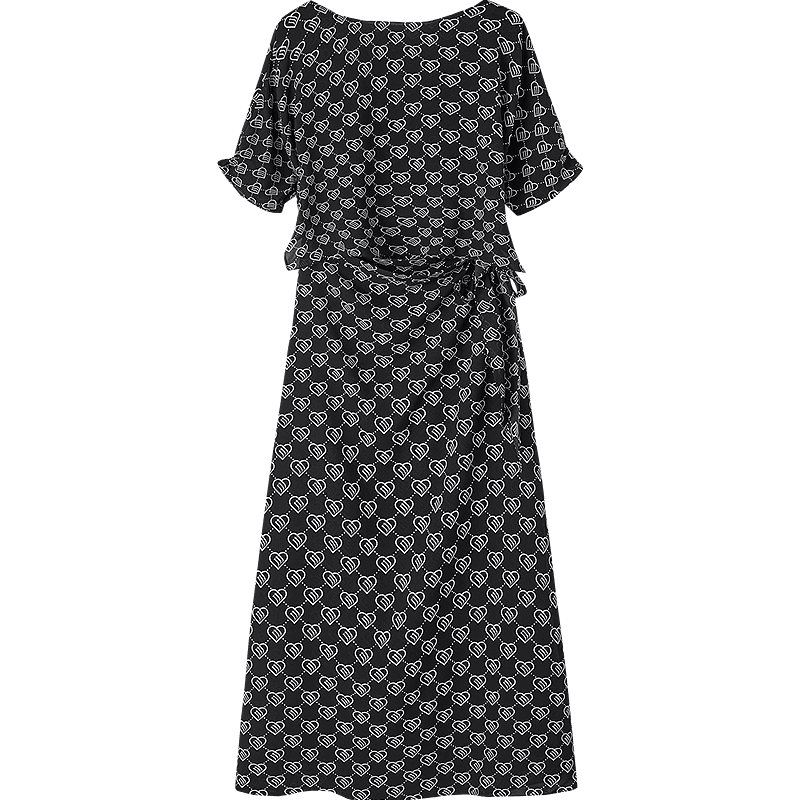 Dme [Romantic Style] Summer Elegant Boat Collar, Raglan Sleeve, Waist-Cinching, Pleated Wrap Dress with Water Print Floral Pattern for Wome