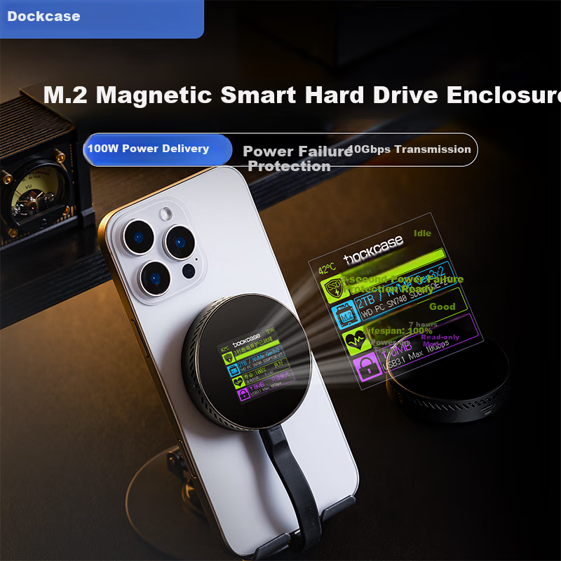 DOCKCASE Intelligent Magnetic Hard Drive Enclosure for 2230 SSDs, M.2 NVMe SSD Case, External SSD Enclosure with MagSafe for IPhone 17 Expansio