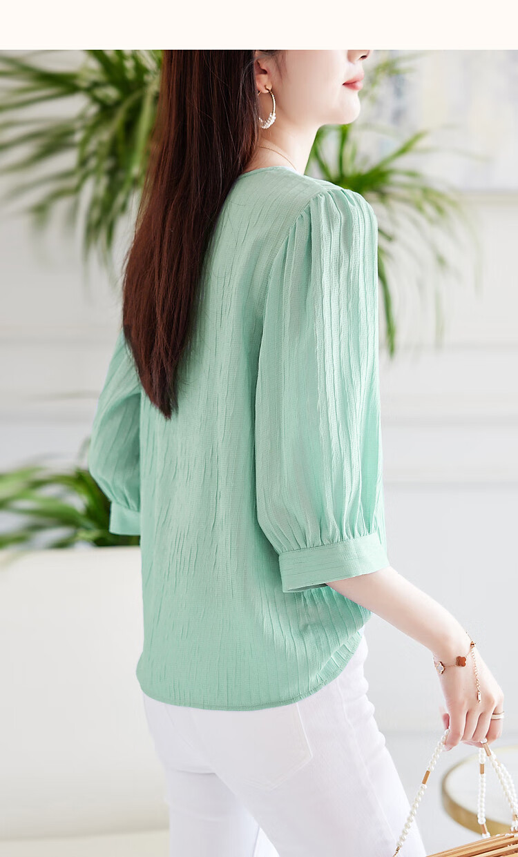 Demana French Texture Shirt Summer Commuter Round Neck Lantern Sleeve Blouse Women's Top 11