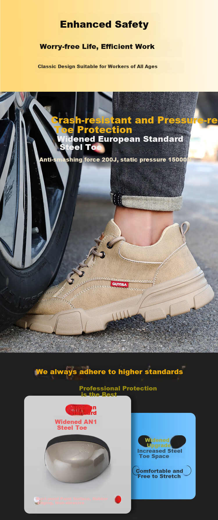 JUNBU Safety Shoes for Men, Steel Toe Cap, Anti-Smashing, Anti-Puncture, Ultra-Light Soft Sole, Comfortable Construction Site Work Boots 1115F Size 43 5