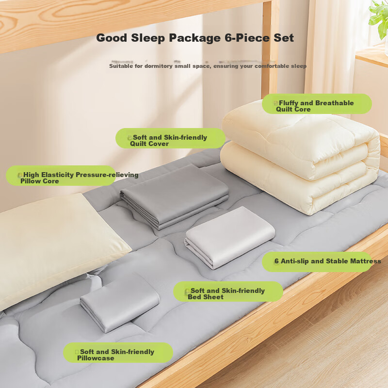 JD Original Comfortable Bedding Set for Students (6 Pieces: Three-Piece Set + Pillow Core + 3-Jin Quilt Core + 3-Jin Mattress Pad), Class A Skin-Friendly, Ready to Move In, Single Bed 0.9m