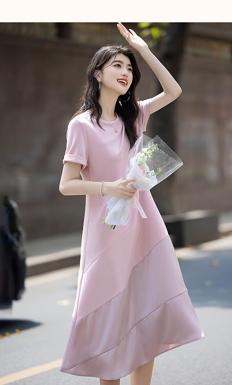 Demana Romantic Summer French Style Round Neck Smooth Satin Spliced Short Sleeve Loose Waist Long Women's Dress 15