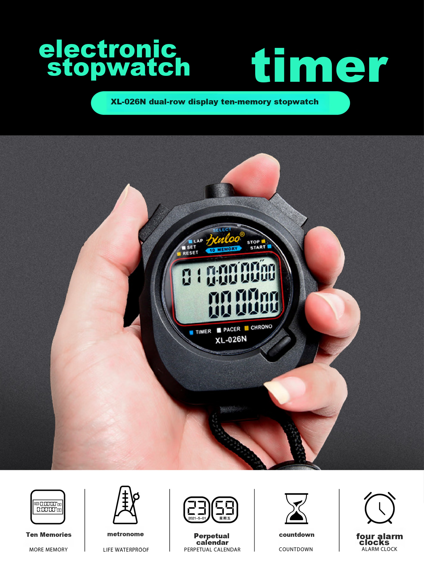 GEDUN Stopwatch Timer, Electronic Counter with 2 Rows And 10 Laps, Waterproof Sports Swimming Fitness Multi-Functional Timer for Competitions 1