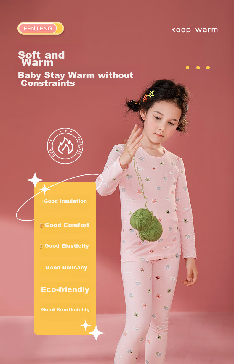Fenteng Children's Thermal Underwear 7A Antibacterial Long Sleeve Pullover Autumn Pajama Set for Older Kids 33