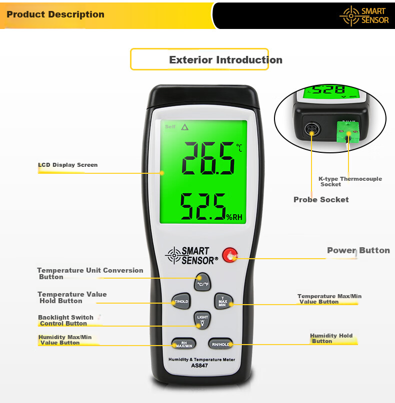 Xima AS847 Industrial-Grade Temperature And Humidity Meter, Environmental Temperature And Humidity Tester, Temperature And Humidity Testing Instrument 7