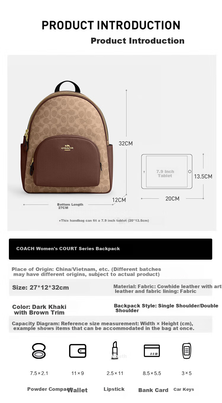COACH [Brand Direct Supply] Women's COURT Medium Backpack in Khaki with Monogram, Brown CZ176 New Year Gift 4