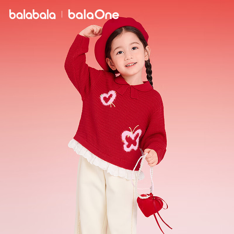 BALABALA 【balaOne】 Kids Sweater Girls Knitwear 2025 Winter Faux Two-Piece Jacquard Knit New Year Outfit