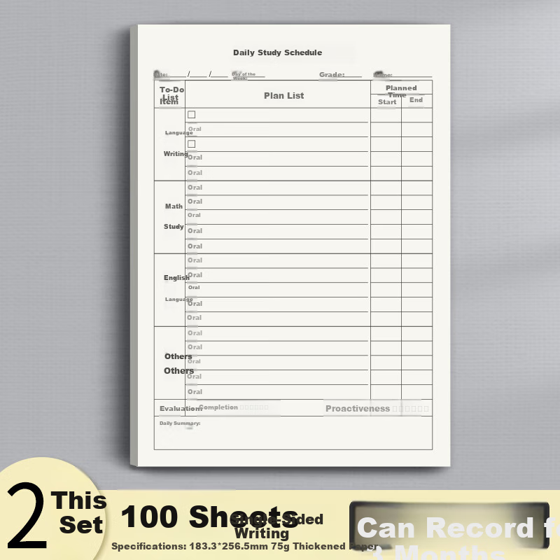 Duoliboshi 16k Daily Planner Self-Discipline Efficient Homework Check-In Paper Overcome Procrastination Habit Form Check-In Paper Elementary School Student Daily Planner 2-Pack 100 Sheets Total Essential for School Start
