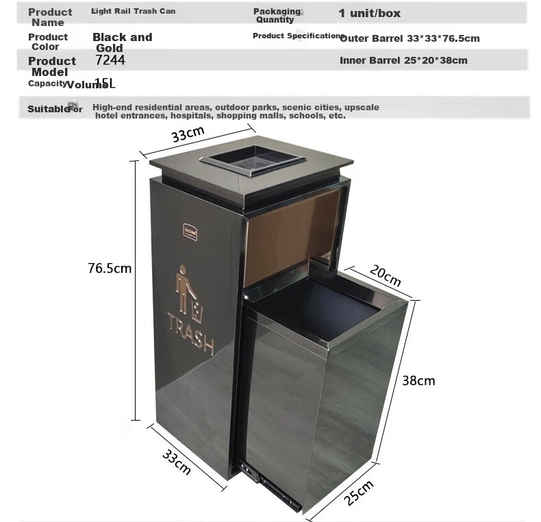 Sitoo Bullet-Head Trash Can, 48L Round, for Indoor Use in Hotels, Coffee Shops, And Bubble Tea Stores, Large Capacity, Stainless Steel, Baked Paint Black Color 8