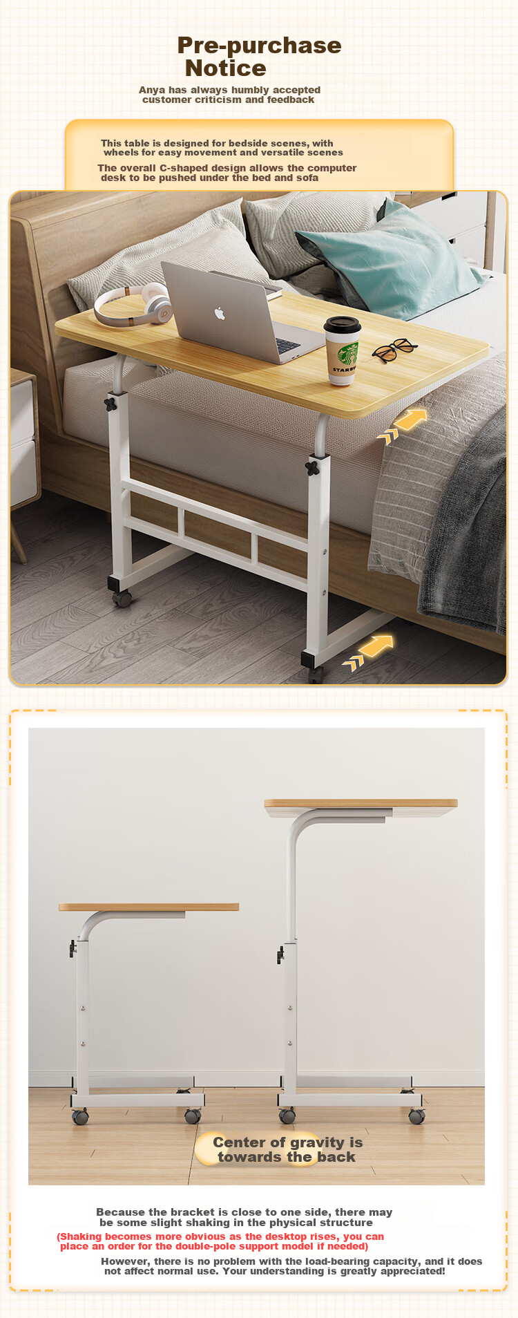 Anerya Bedside Computer Desk with Wheels, Movable Lazy Table, Height Adjustable Bed Study Desk, Warm White Double-Layer 60*40 1