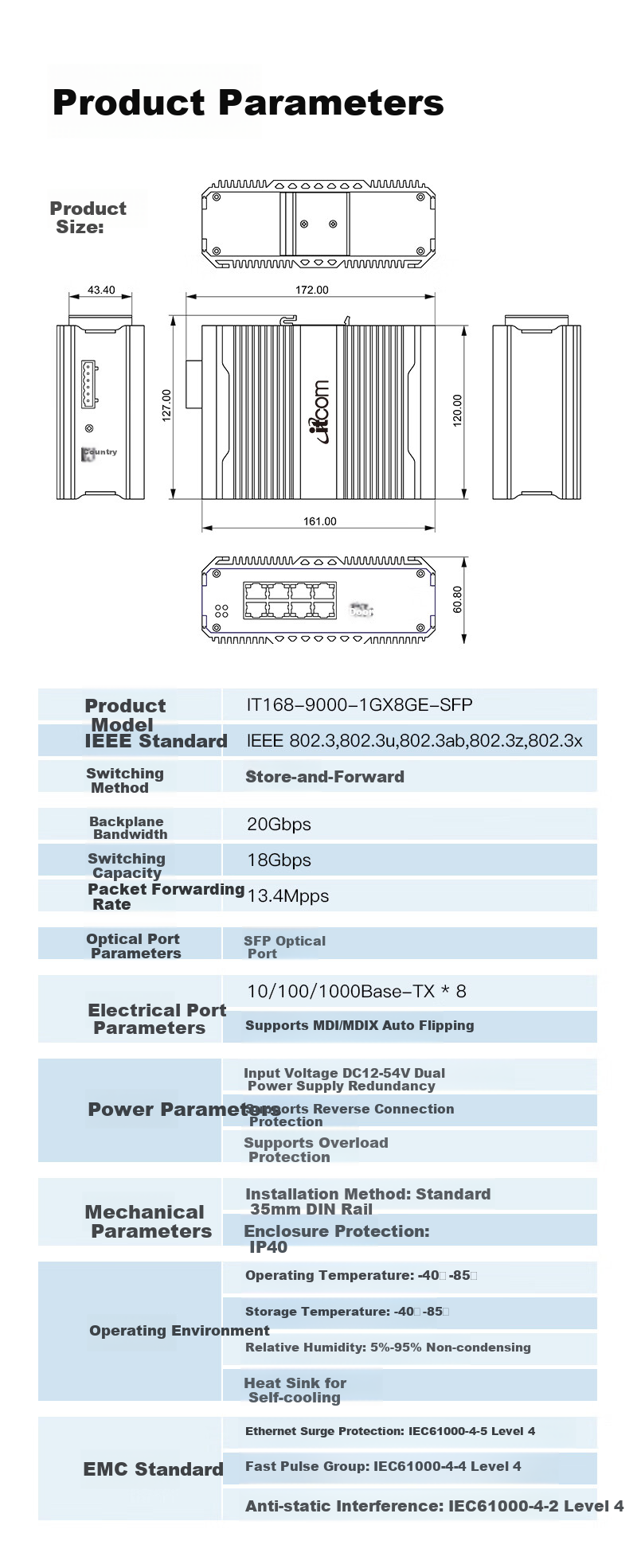 Itcom Industrial-Grade Ethernet Switch, Gigabit 1 Optical 8 Electrical Fiber Optic Transceiver, Powered Rail-Mounted, Power Not Included IT168-9000 4