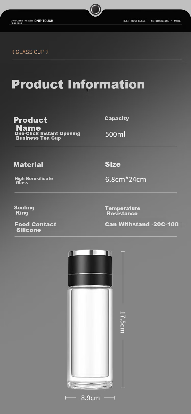 LINGCHEN Men's Tea Cup with Tea-Water Separation, Quick-Open Car Mug, One-Button Lid, High Borosilicate Glass, Heat Resistant 17
