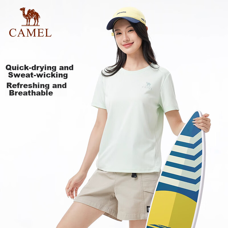 CAMEL Women's Quick-Dry Short-Sleeve T-Shirt, Lightweight Summer Round Neck Breathable Sweat-Wicking Running Fitness Sports Casual Top, 2XL