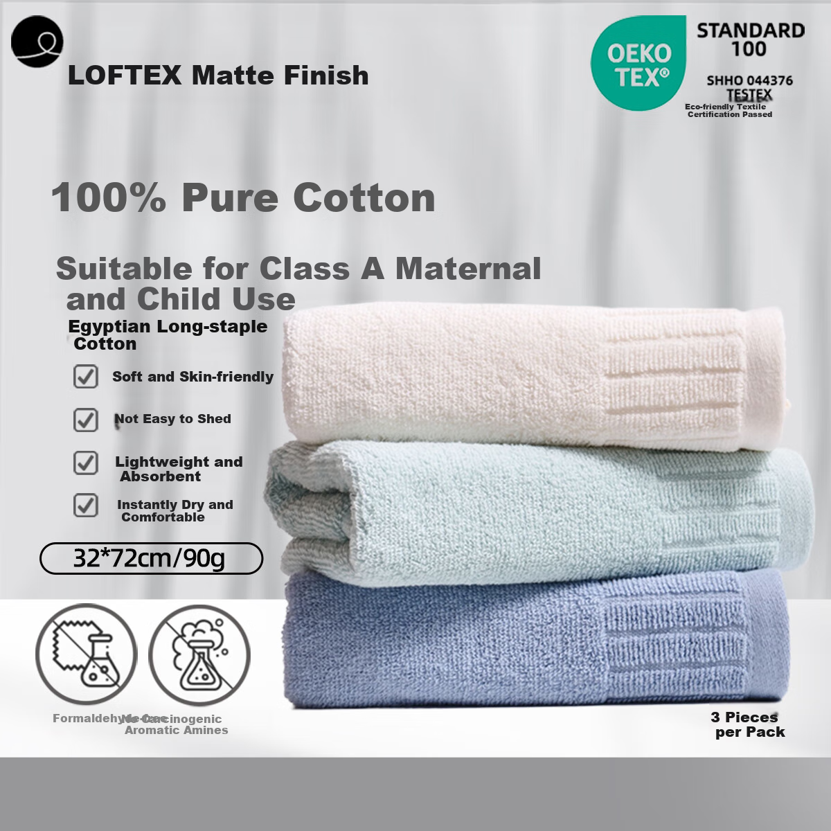 Yaguang Towels, Pure Cotton Class A Egyptian Long-Staple Cotton, Soft And Skin-Friendly, Absorbent, Lint-Free, Fine Chenille Face Towels, 3-Pack, Green Blue White