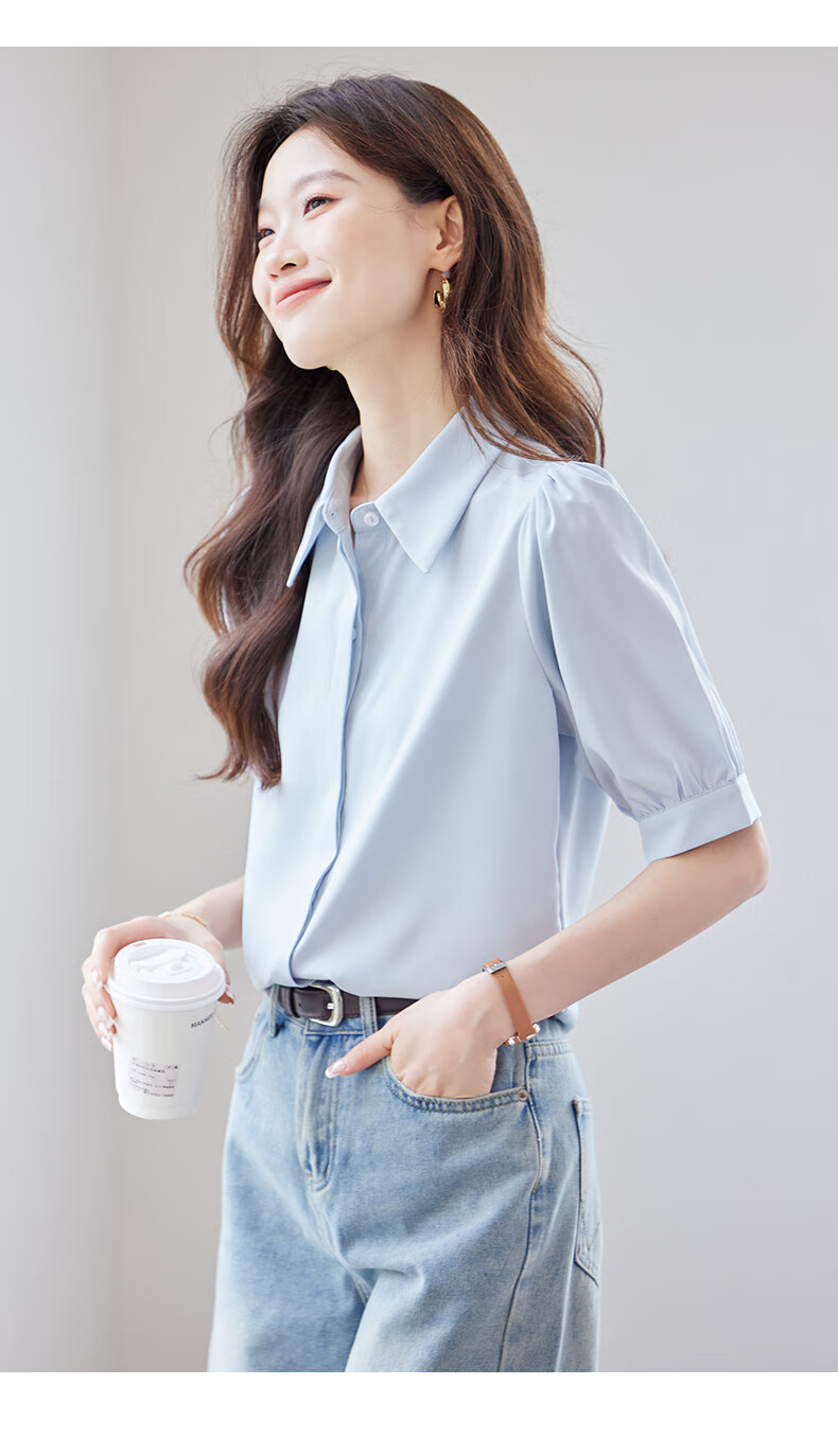 Jeanswest Women's Shirt 2026 Summer Short Sleeve Casual Elegant Versatile Fashion Solid Color Top Blue S 16